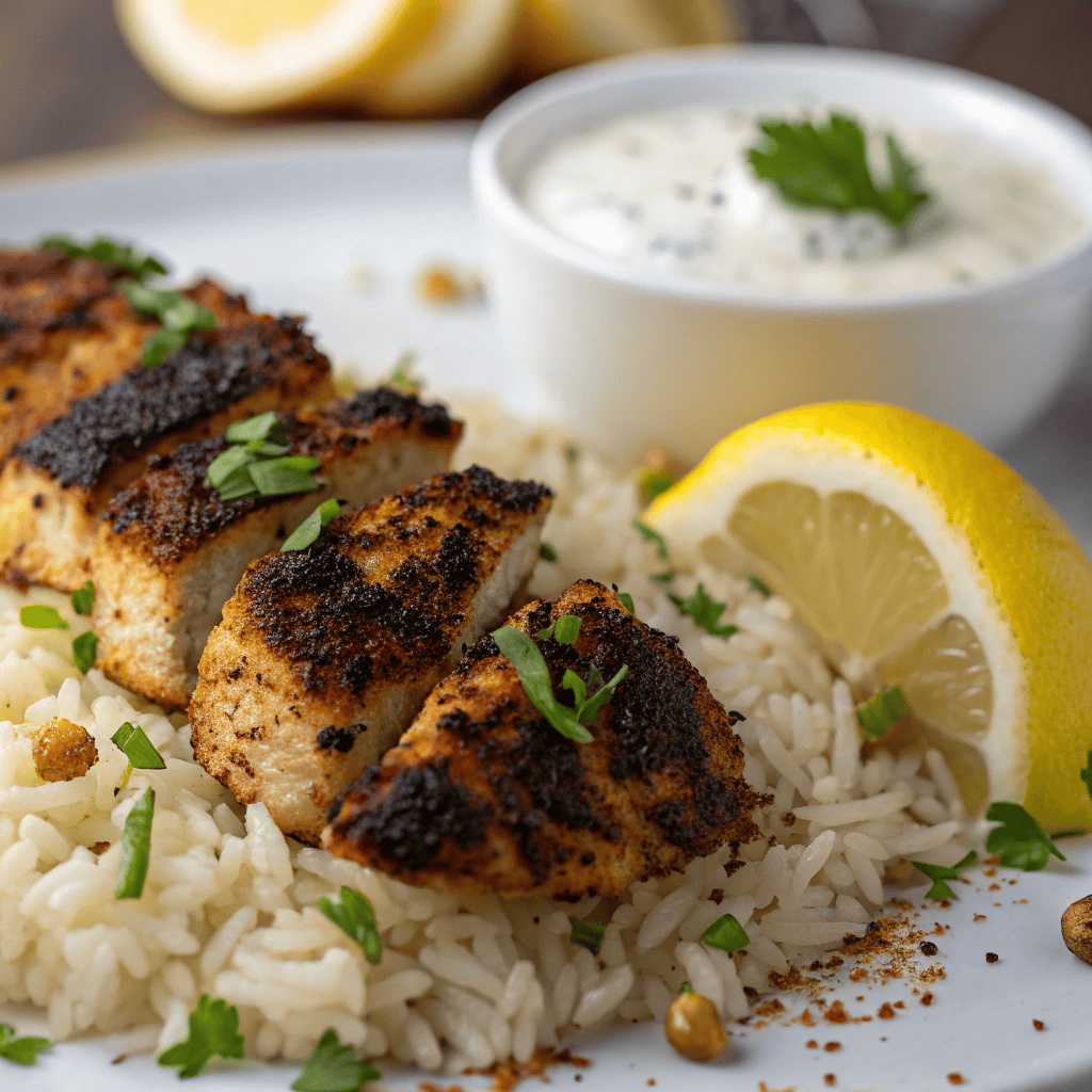 Macro close-up of chicken shawarma rice showing spiced rice grains, charred chicken, herbs, and creamy yogurt sauce.