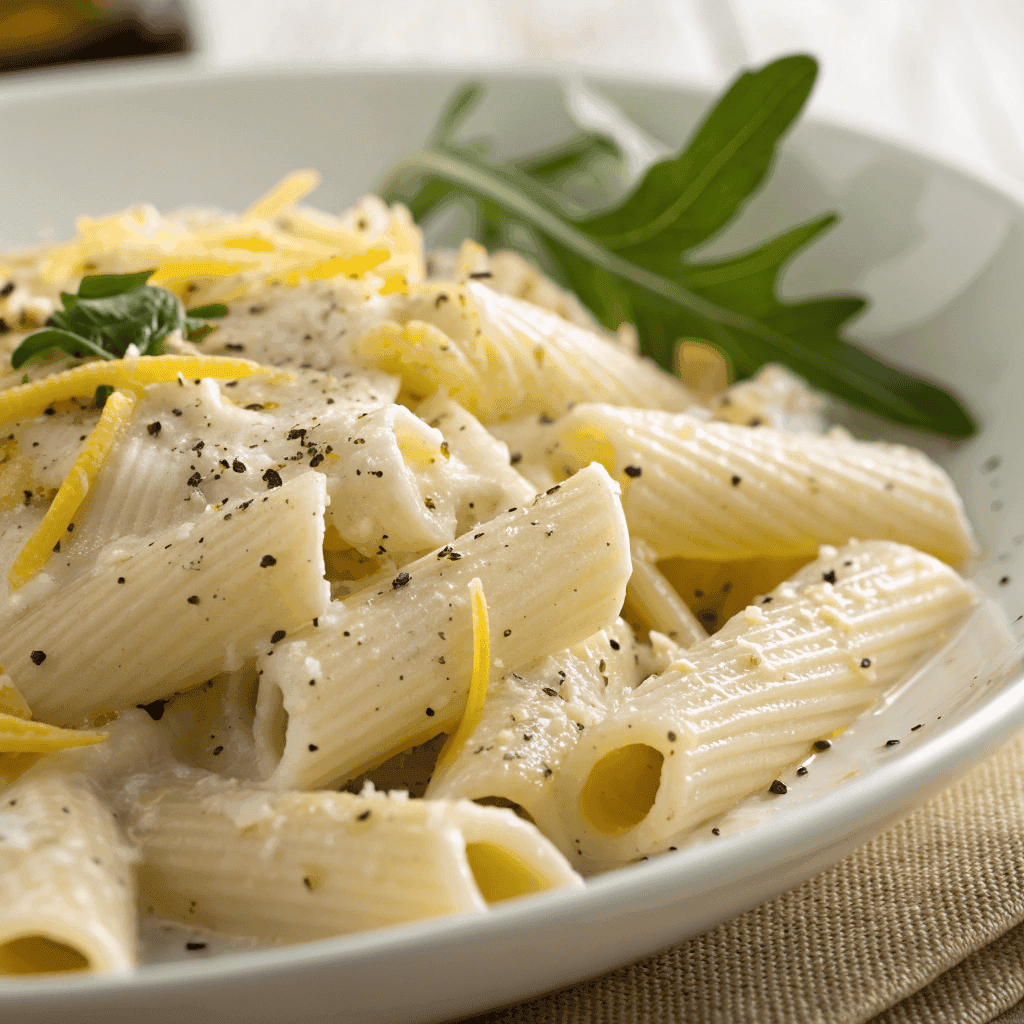 Close-up of rigatoni lemon ricotta pasta showing creamy texture and lemon zest.