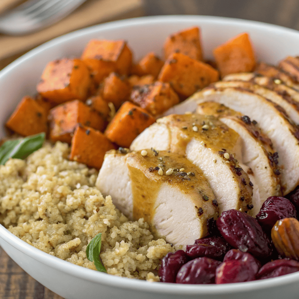 Close-up of maple Dijon sauce on sliced chicken with roasted sweet potatoes, quinoa grains, feta cheese, cranberries, and pecans.