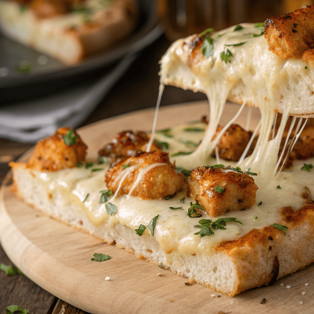 Close-up of melted mozzarella cheese dripping over honey garlic chicken bread pizza with parsley garnish.