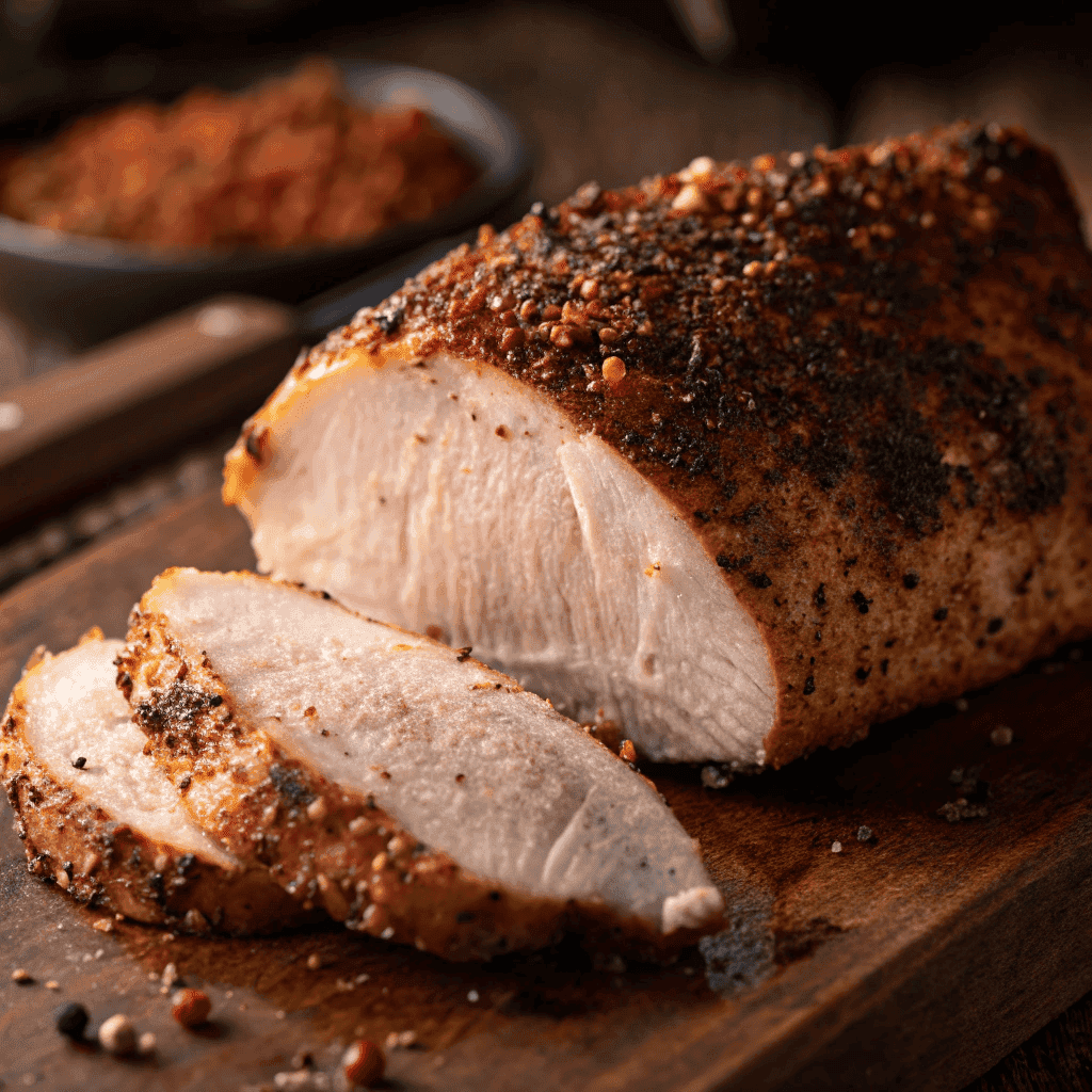 Close-up of Cajun spice crust and juicy interior of roasted turkey breast with pan juices.