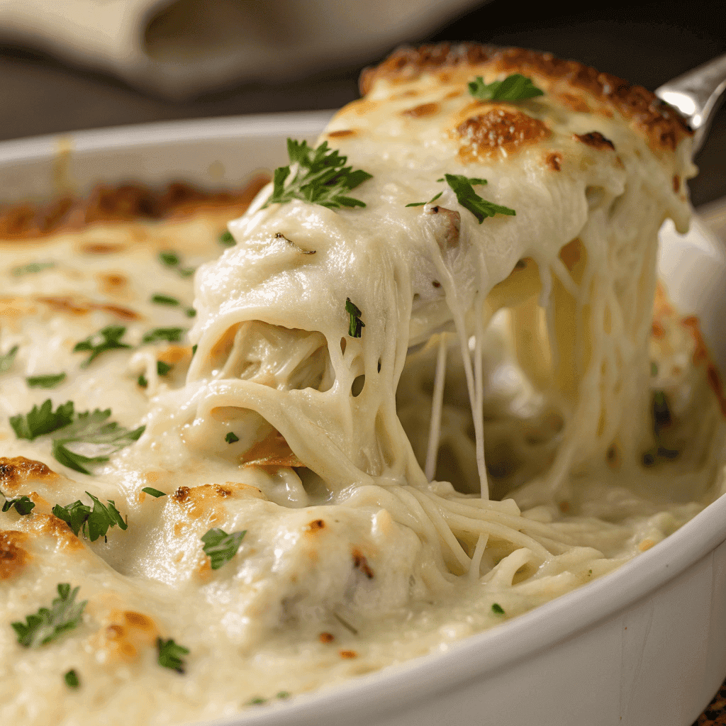 Close-up of melted cheese and creamy pasta texture in chicken tetrazzini.