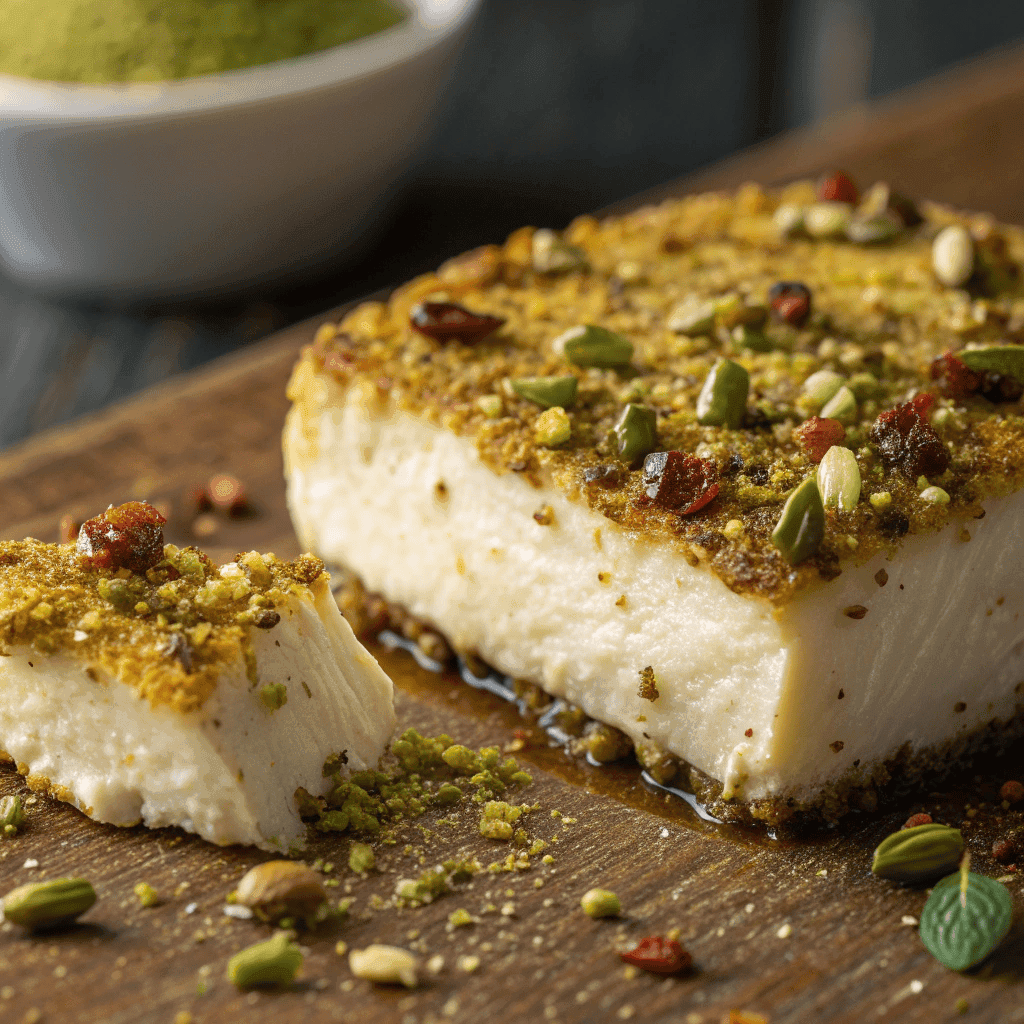 Close-up of pistachio-crusted halloumi with honey glaze and nutty texture.
