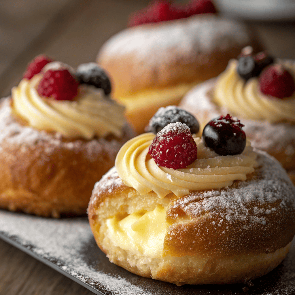 Close-up of creamy vanilla custard and berries inside a Danish carnival bun.