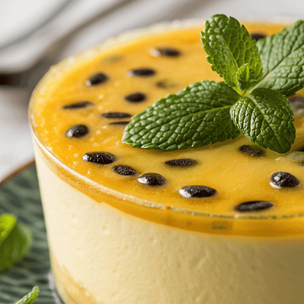 Close-up of silky passion fruit mousse with glossy pulp and seeds.