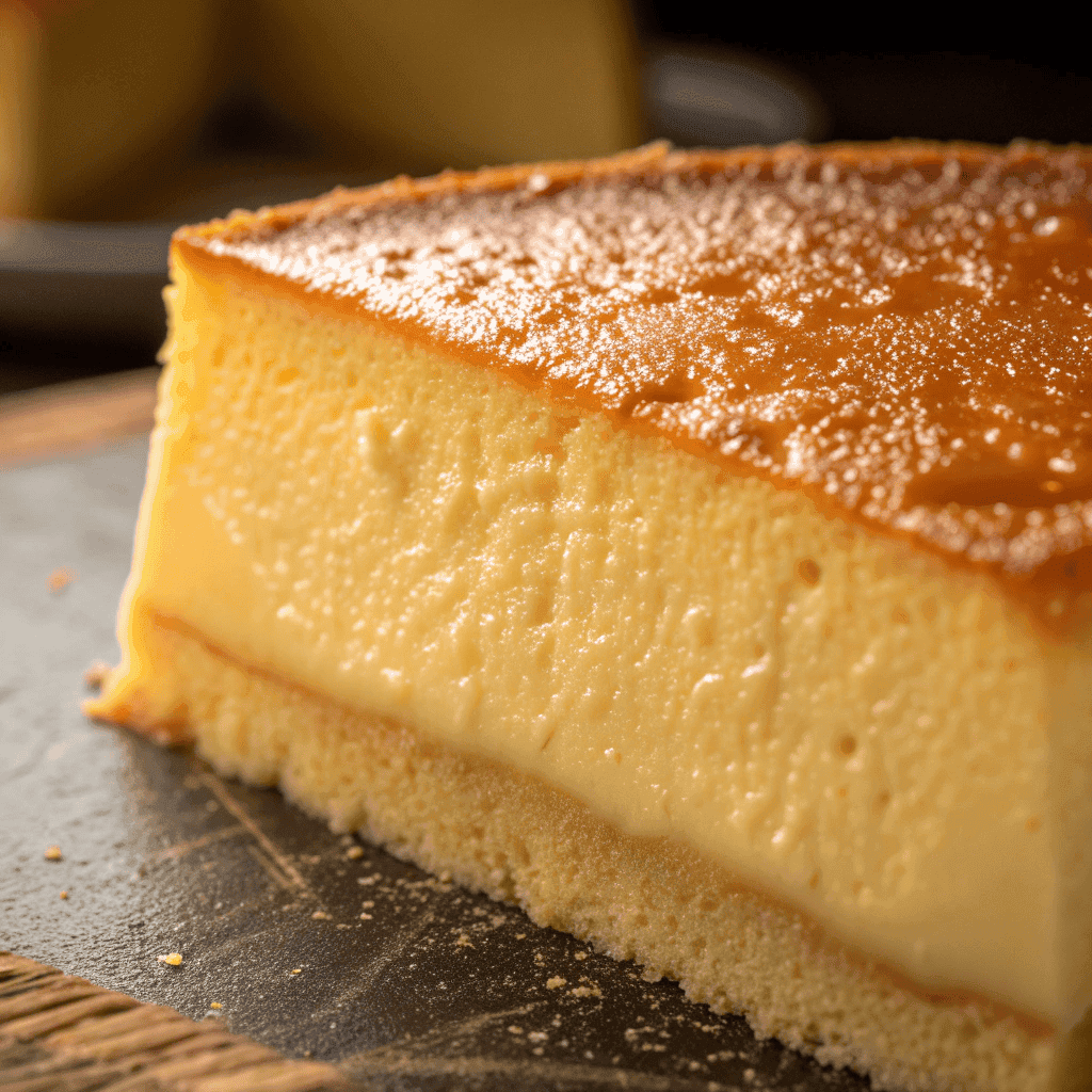 Close-up of smooth custard texture inside a custard cake with sponge crust.