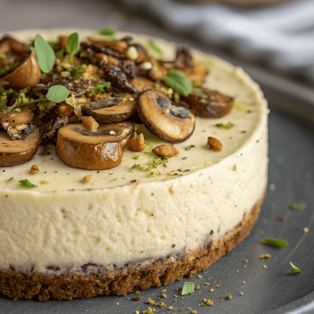 Full view of a pistachio and mushroom savory cheesecake with nut crust and mushroom topping.