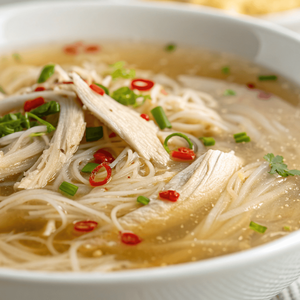 Close-up of shredded chicken and scallions in clear ginger chicken broth.
