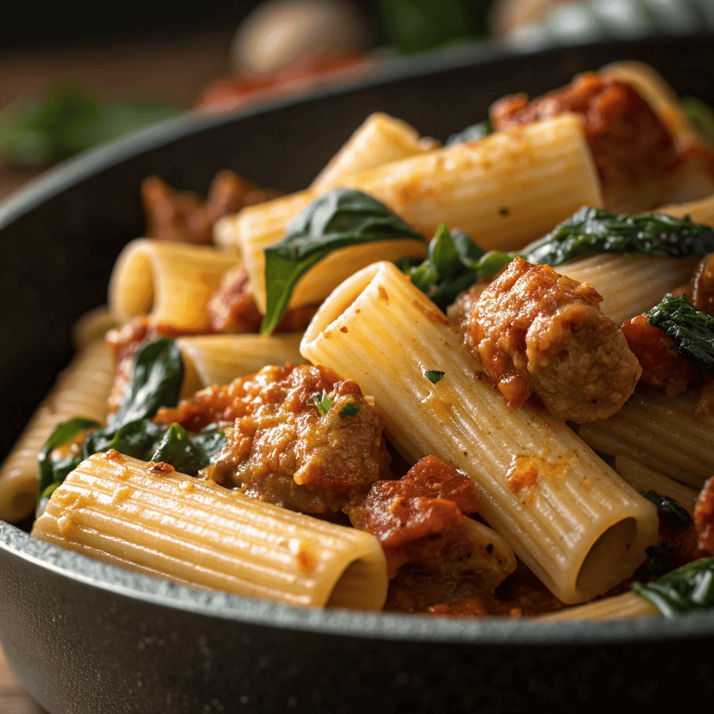 Close-up of rigatoni pasta with creamy tomato sauce, sausage crumbles, and spinach.