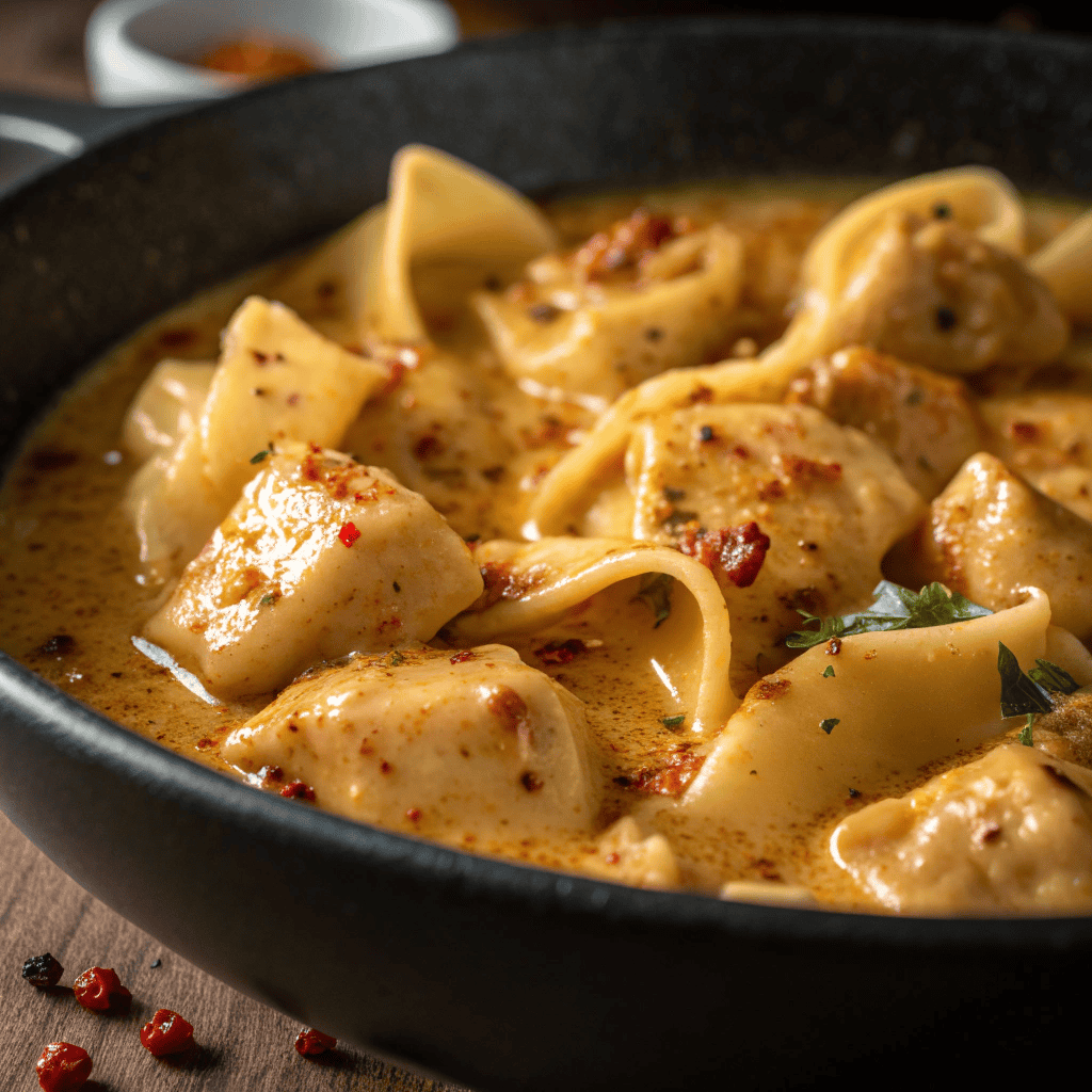 Close-up of tortellini coated in spicy garlic butter sauce with chicken.