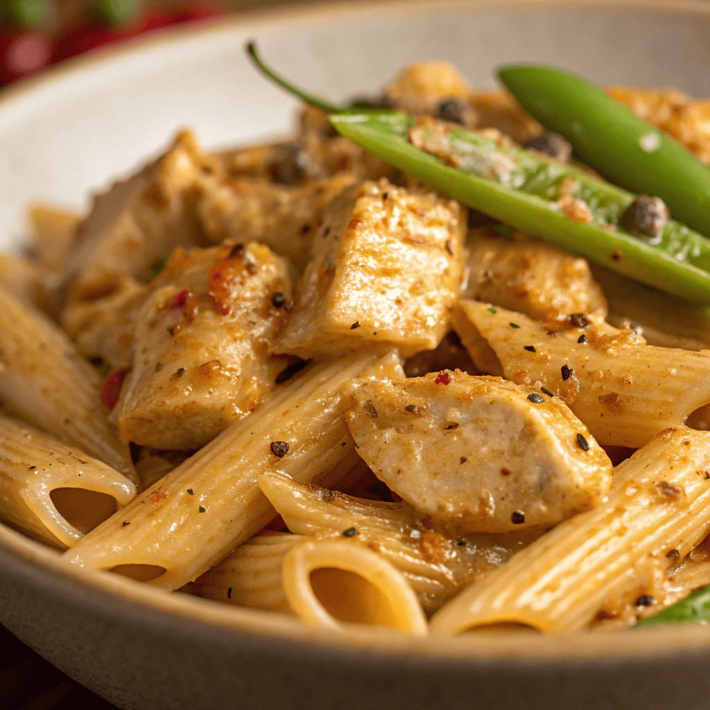 Close-up of creamy chipotle sauce on penne pasta with chicken and vegetables.
