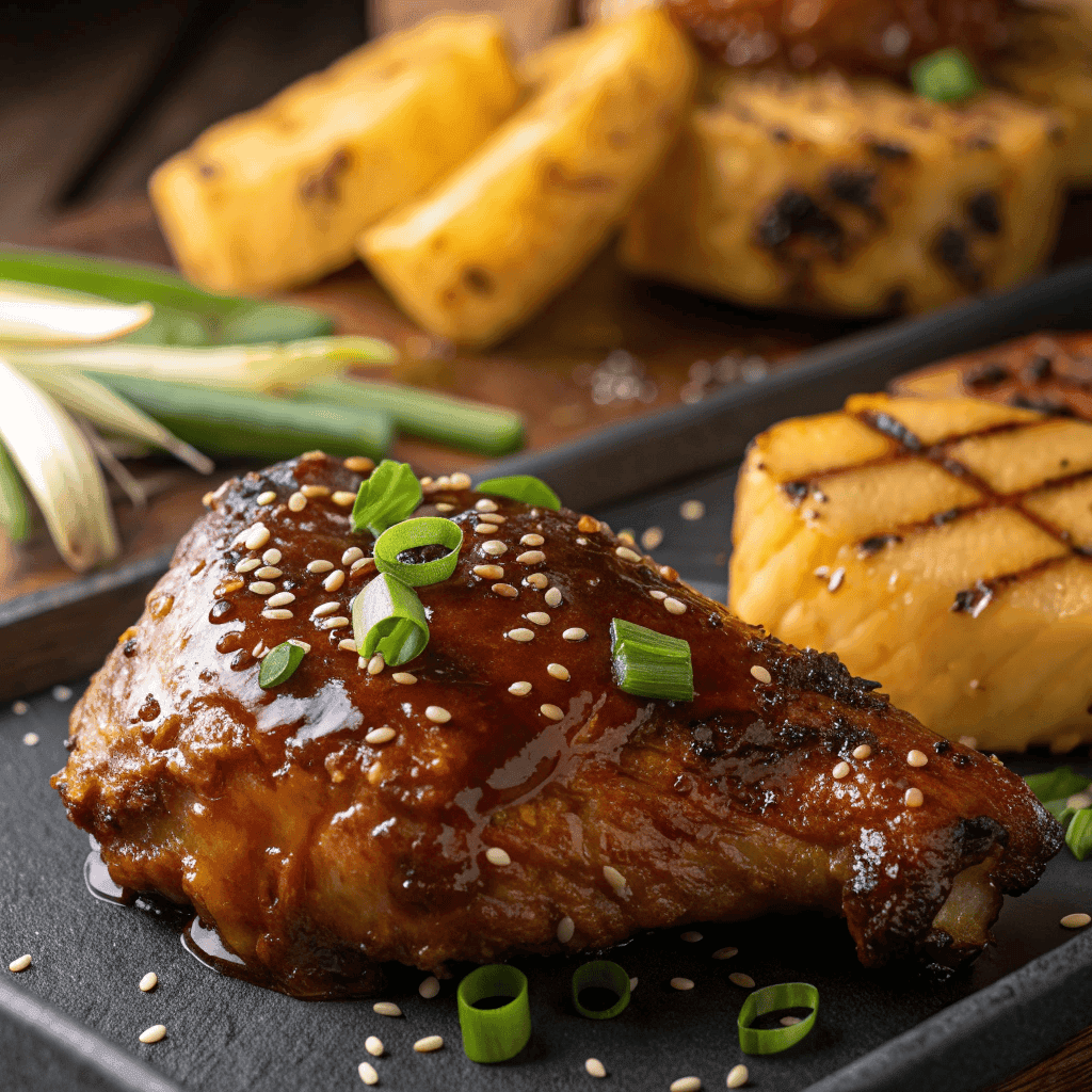 Close-up of sticky glazed Hawaiian Huli Huli chicken with charred edges and pineapple