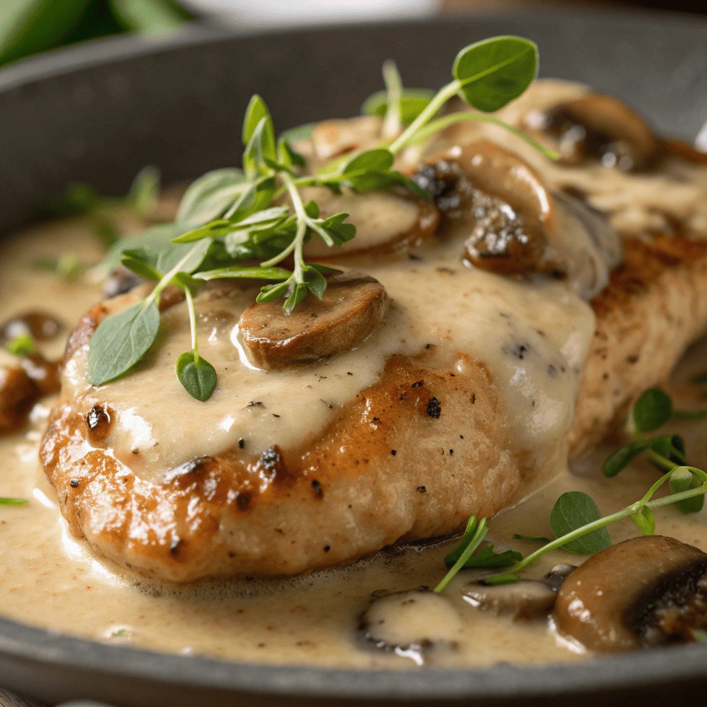Close-up of creamy Chicken Madeira sauce with melted cheese and mushrooms