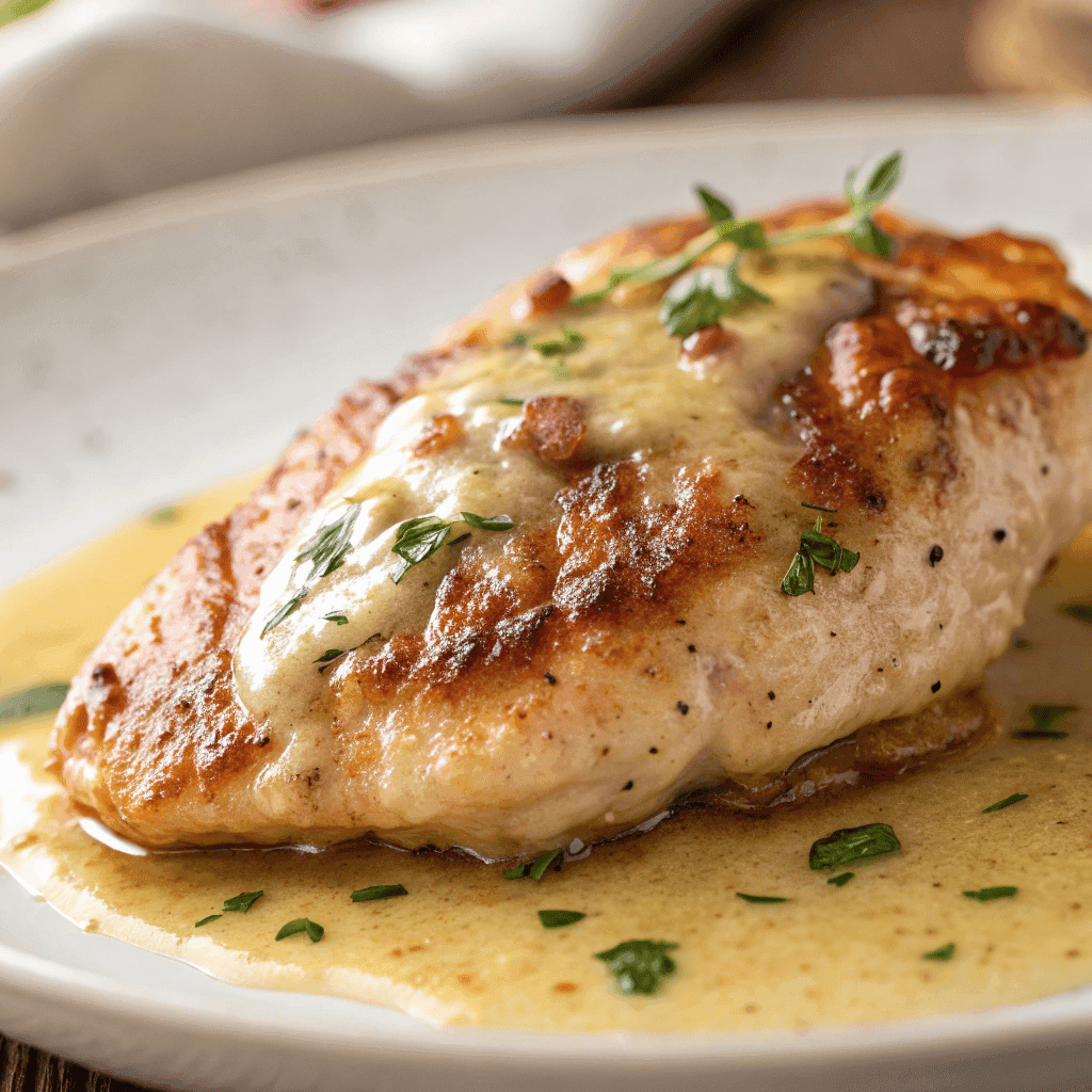 Close-up of golden chicken saltimbocca with creamy sauce and herbs