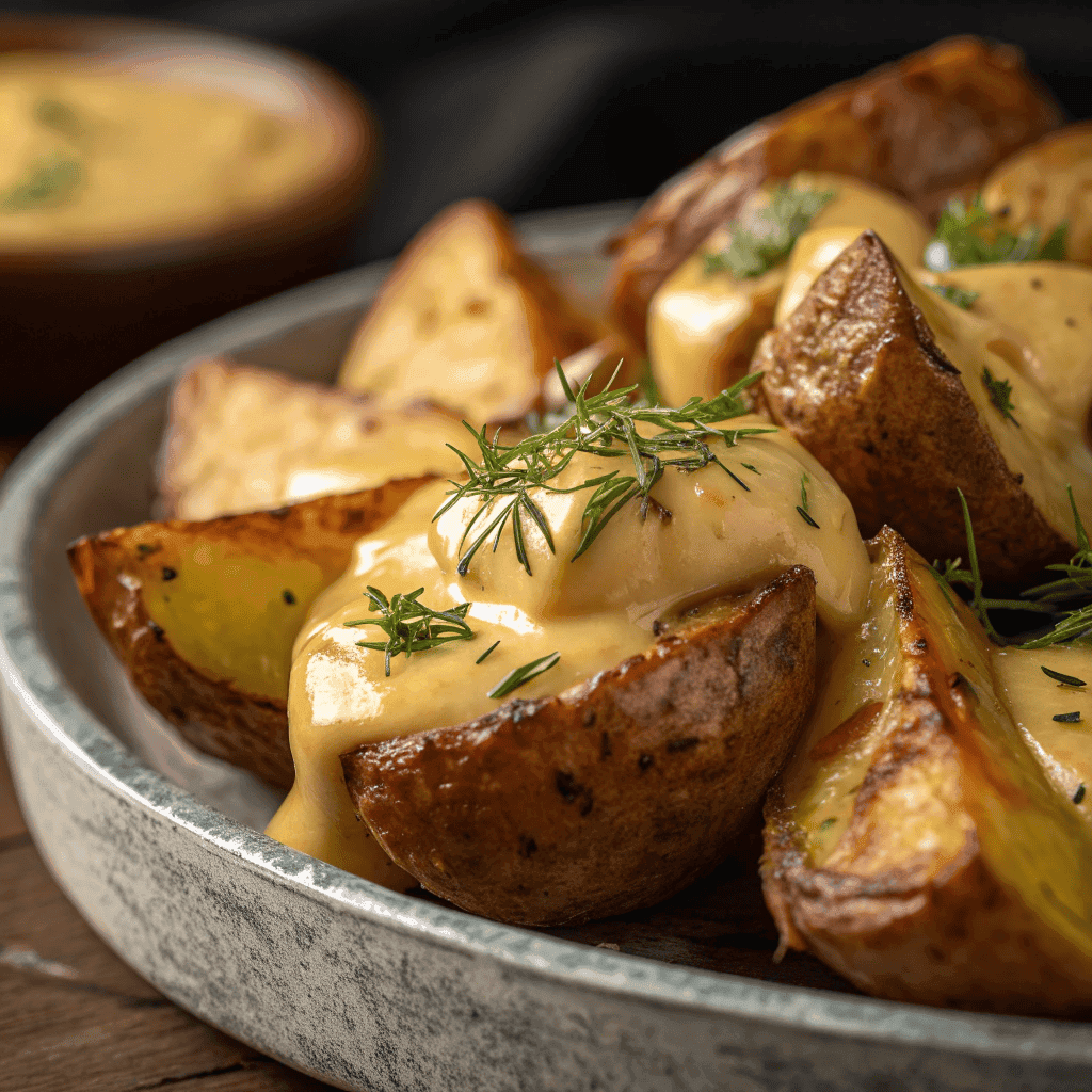 Close-up of roasted potatoes with creamy mustard sauce and dill