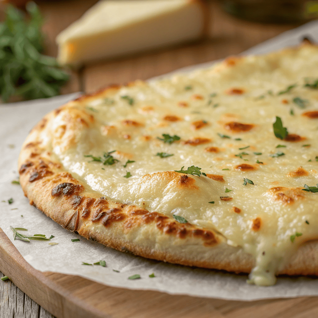 Close-up of melted cheese and crispy tortilla garlic bread