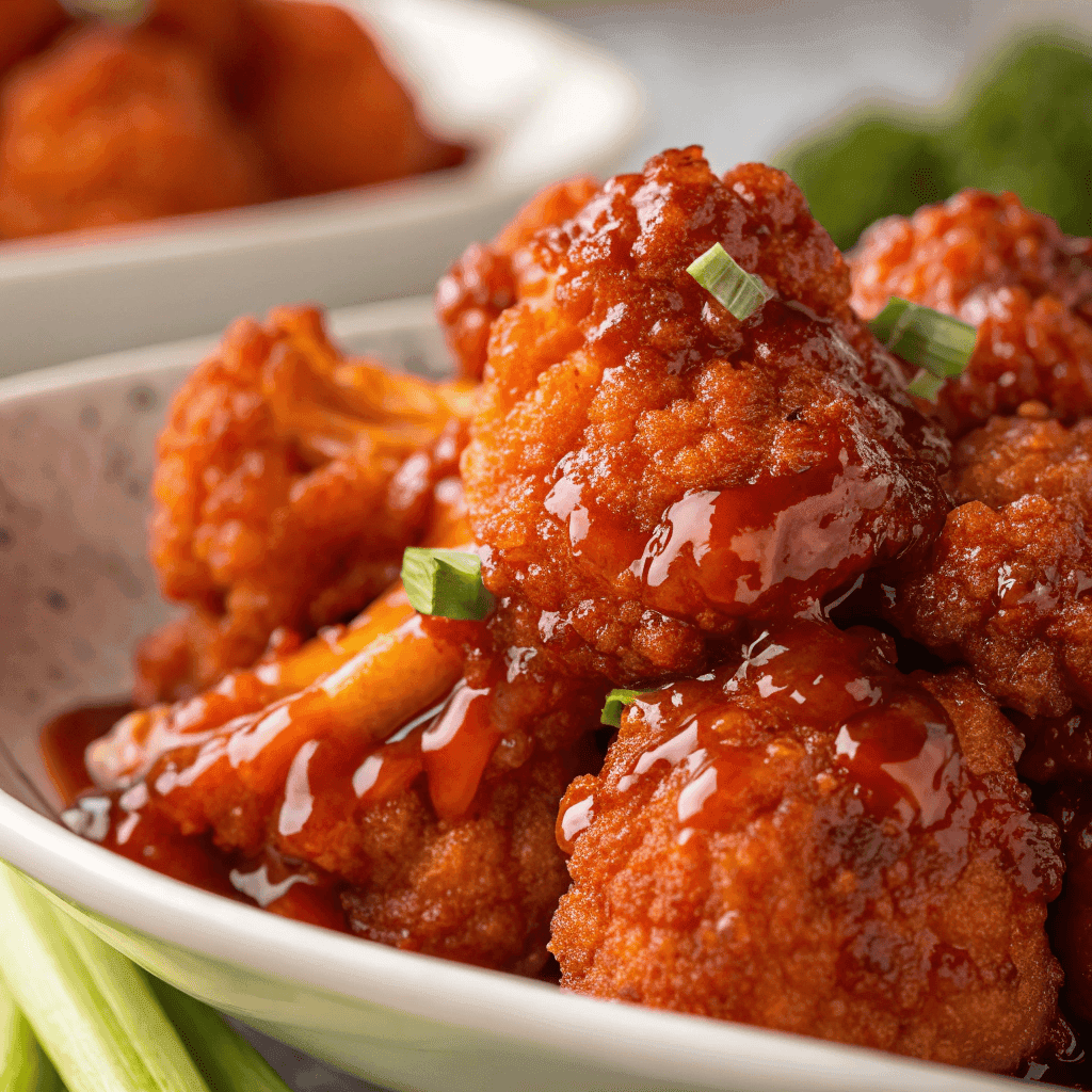 Close-up of crispy buffalo cauliflower with glossy spicy sauce