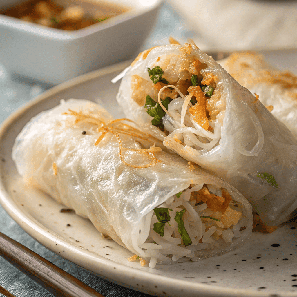 Close-up of crispy rice paper rolls showing blistered surface and filling