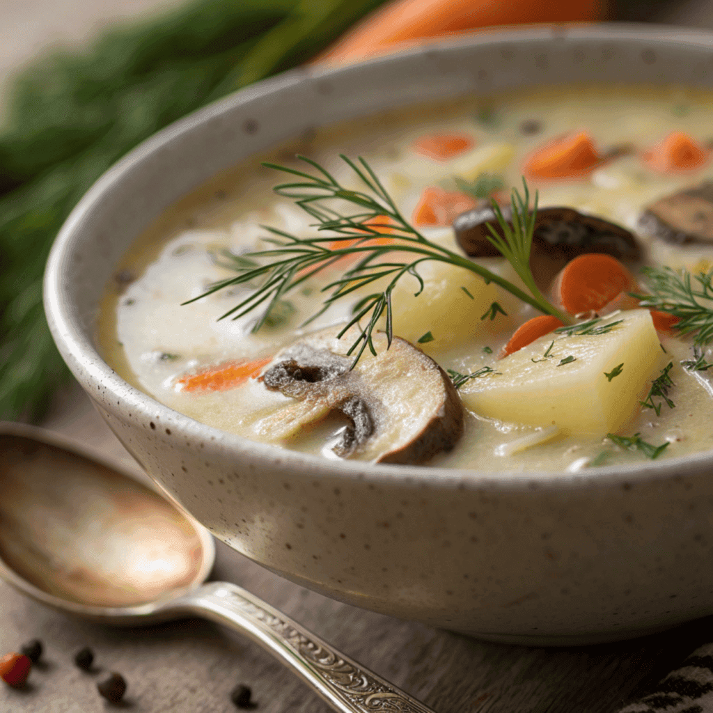 Close-up of creamy potato and mushroom soup showing vegetables and dill texture.