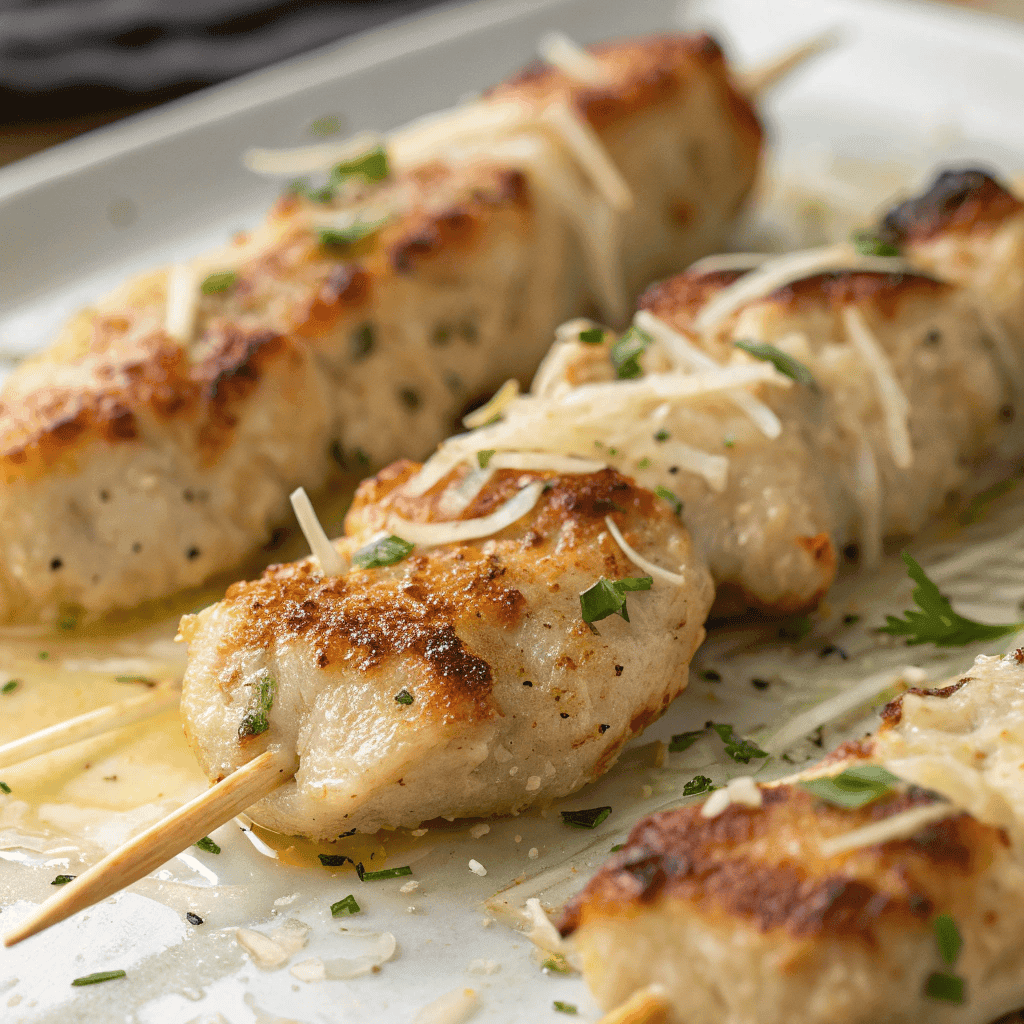 Close-up of garlic parmesan chicken skewers showing melted cheese and crispy edges