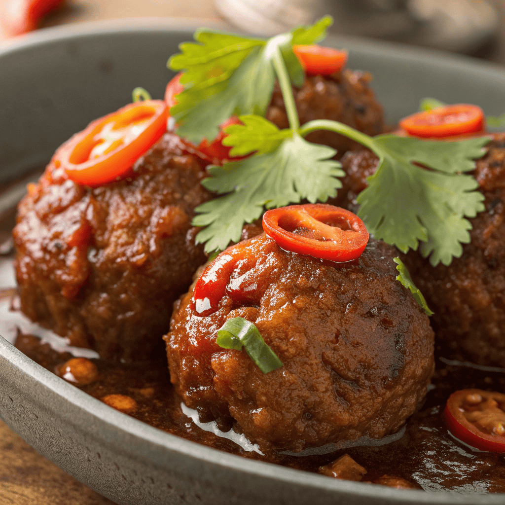 Close-up of crispy Mexican meatballs with glossy chili glaze and cilantro