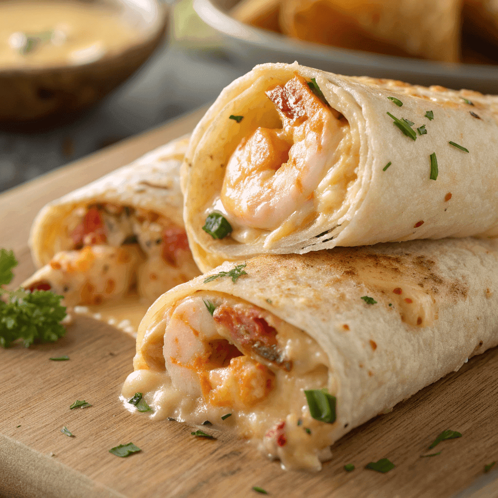 Close-up of crab shrimp queso filling with melted cheese and crispy tortilla