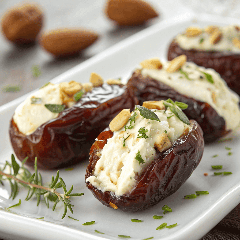 Close-up of creamy Boursin stuffed dates with pistachios and glossy skins