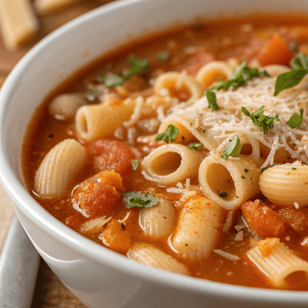 Close-up of pasta fagioli soup showing beans, pasta, vegetables, and parmesan