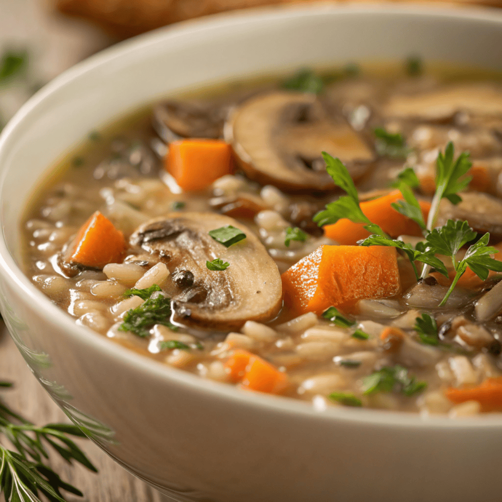 Close-up of wild rice soup showing grains, vegetables, and creamy broth texture.