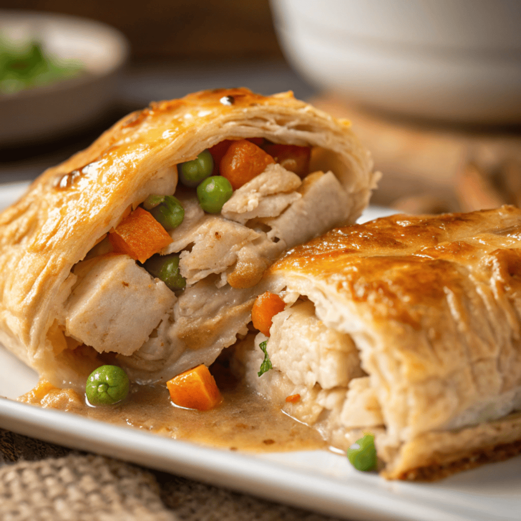 Close-up of flaky puff pastry and creamy chicken pot pie filling with vegetables.