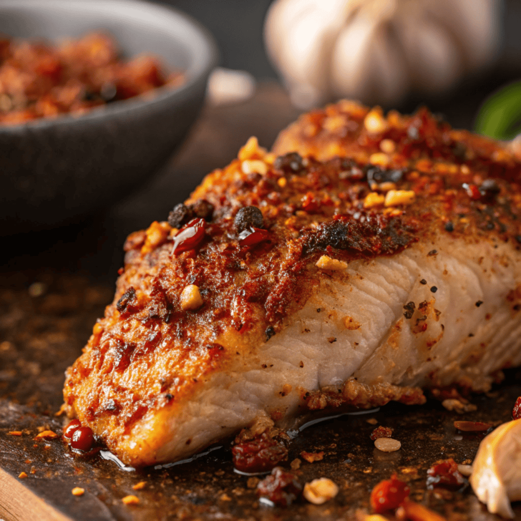 Close-up of harissa-glazed chicken showing caramelized spices and charred skin.