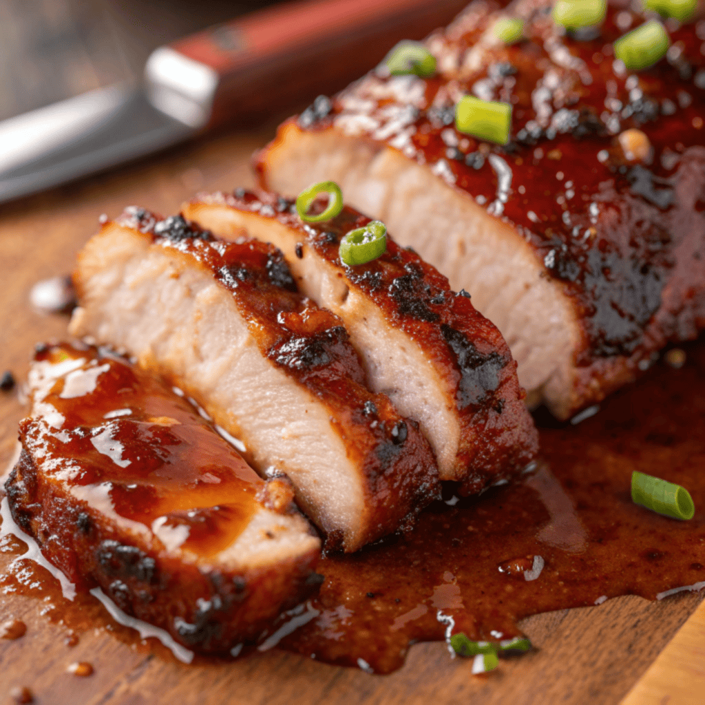 Close-up of char siu chicken showing sticky red glaze and juicy sliced meat.