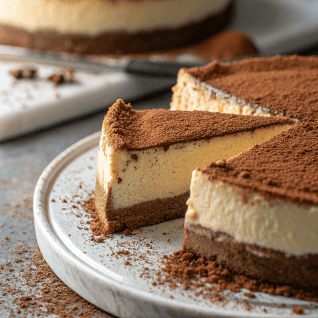 Close-up of tiramisu Basque cheesecake showing cocoa powder, mascarpone cream, and creamy cheesecake.