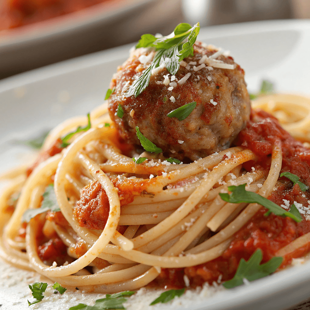 Spaghetti and Meatballs with Tomato Sauce – Classic Homemade Recipe 3 Close-up of spaghetti noodles and meatball showing rich tomato sauce texture and parmesan.