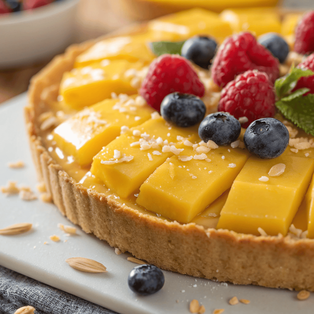 Close-up of mango curd tart showing smooth curd and fresh fruit texture