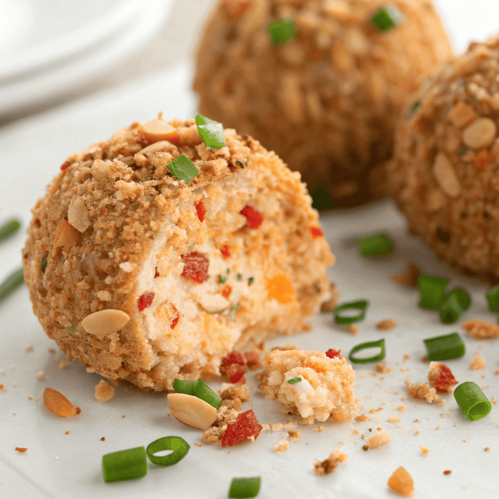 Close-up of mini pimento cheese ball showing nut coating and creamy cheese interior