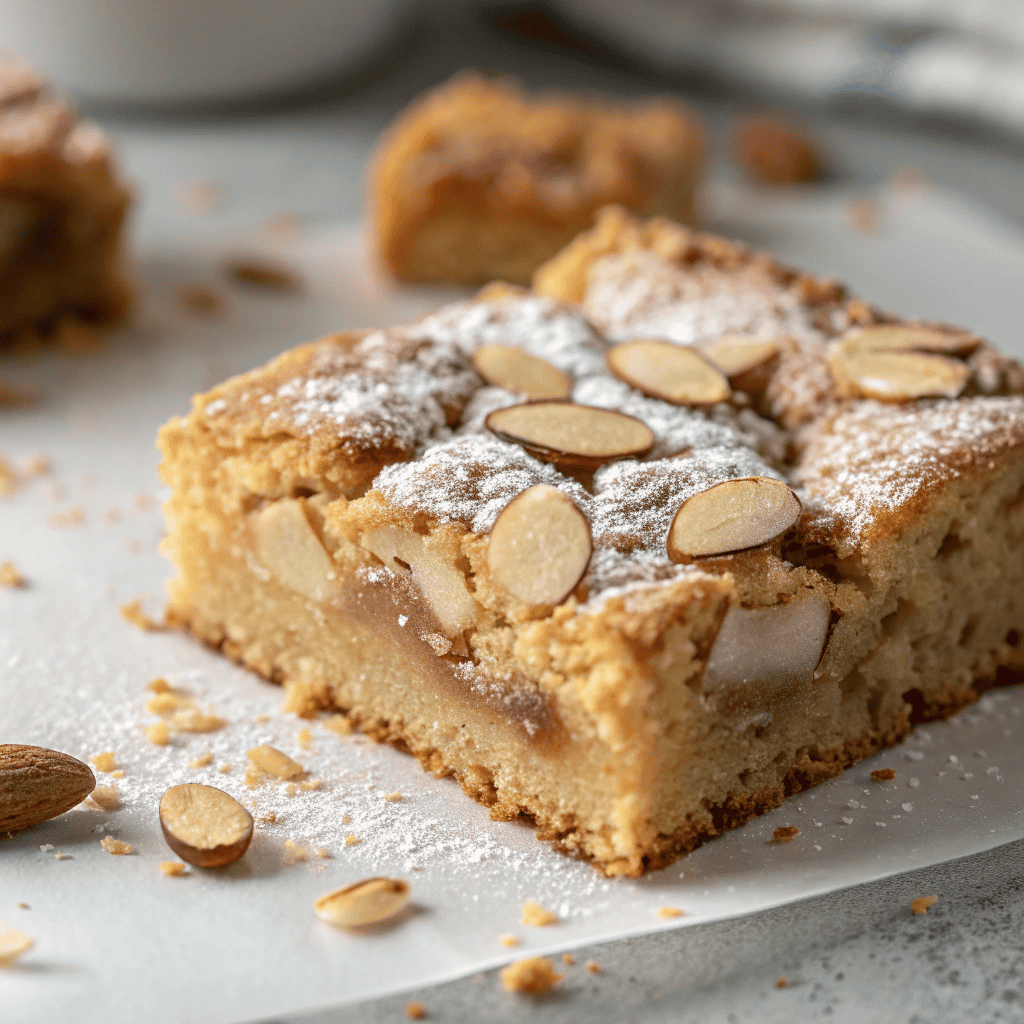 Macro close-up of an almond croissant blondie showing dense crumb, sliced almonds, and powdered sugar.