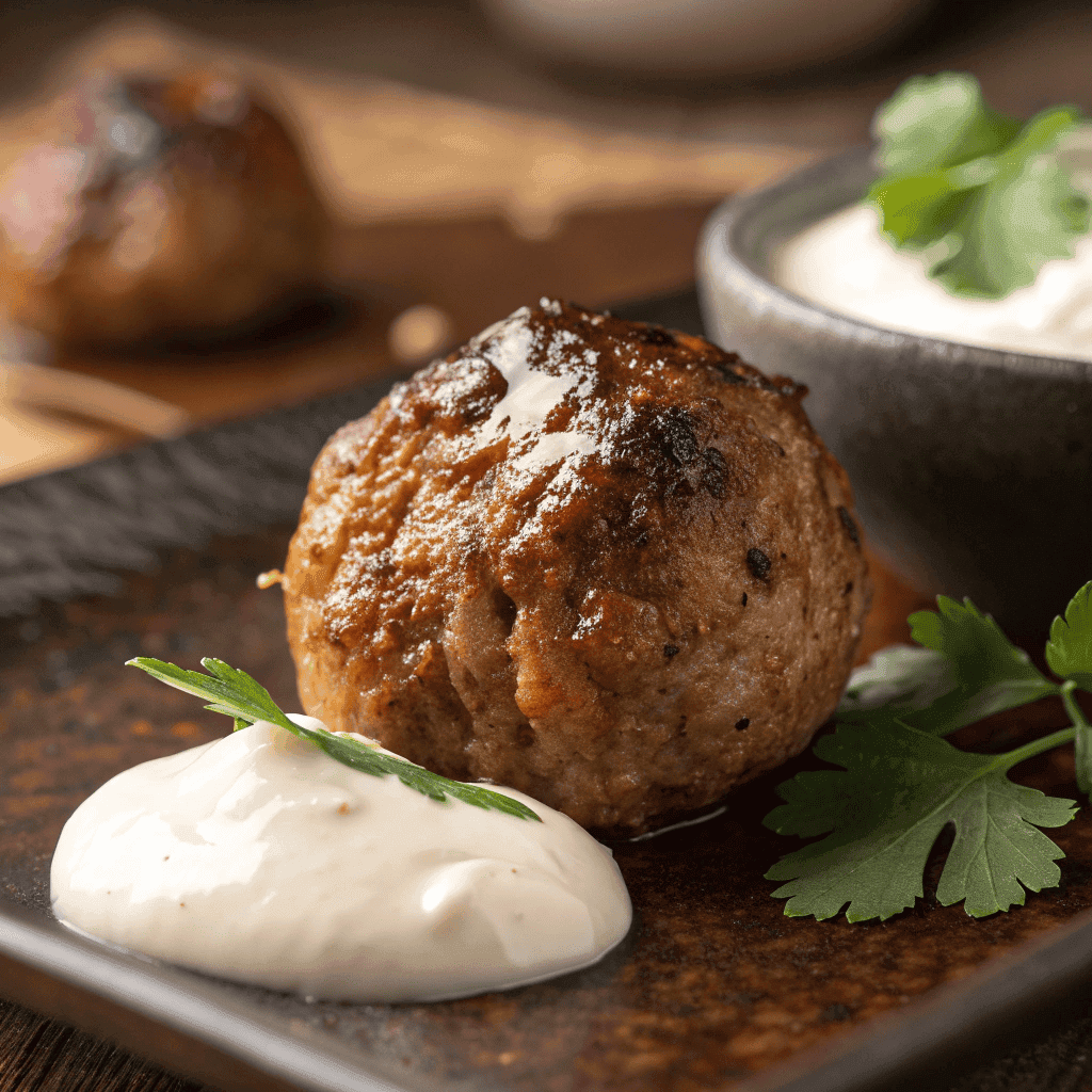 Close-up of lamb meatball showing browned crust and creamy sauce texture