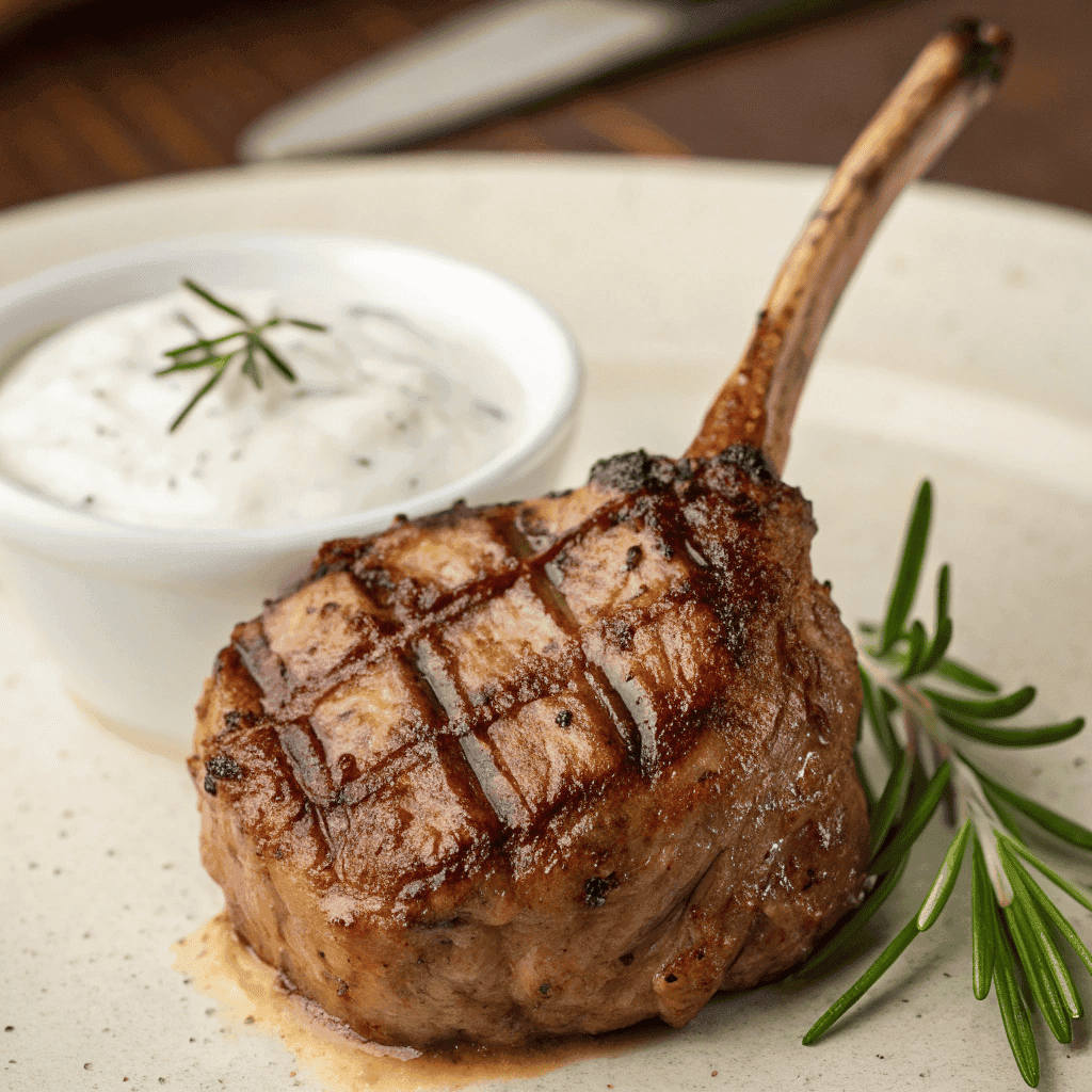 Close-up of lamb lollipop showing seared crust and creamy sauce texture