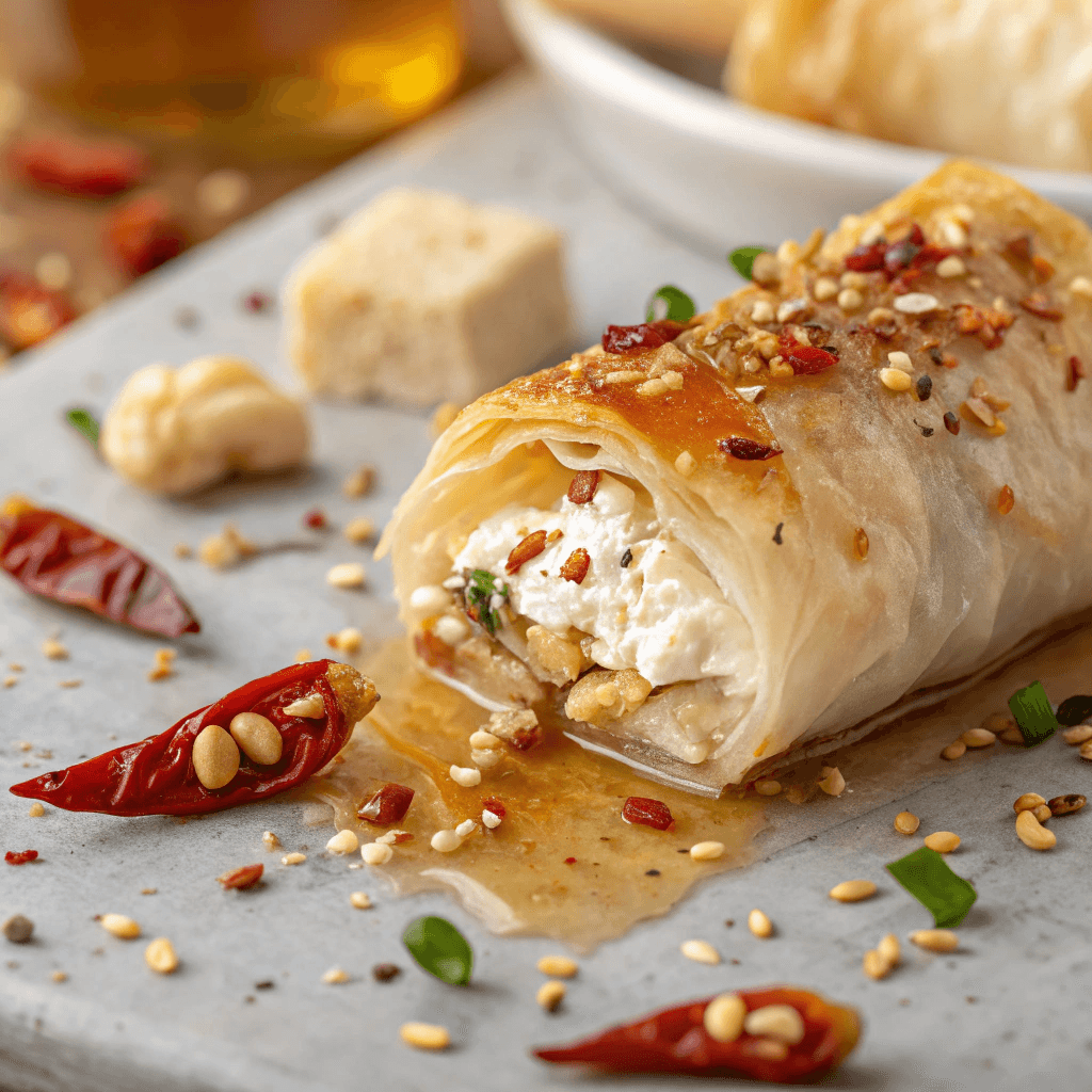 Close-up of crispy feta roll showing flaky phyllo layers and creamy filling