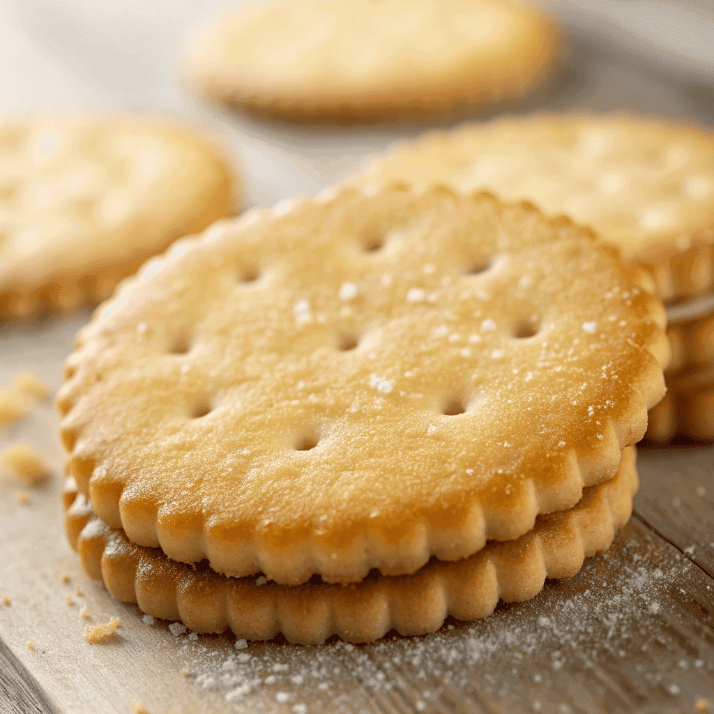 Macro close-up of a round butter cracker showing crisp baked texture, dock holes, and scalloped edges.