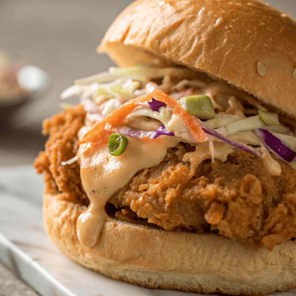 Close-up of crispy Thai fried chicken sandwich showing crunchy coating and sauce.