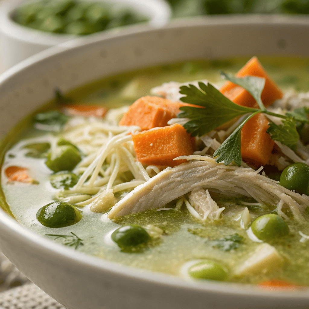 Best Aguadito de Pollo Soup Recipe 3 Close-up of aguadito de pollo soup showing shredded chicken and green cilantro broth.