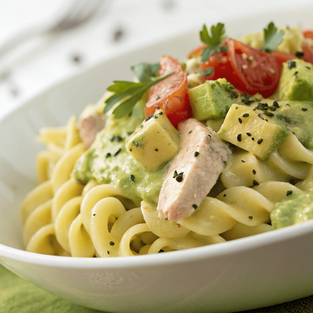 Close-up of avocado lime chicken noodles showing pasta texture, avocado sauce, and chicken.