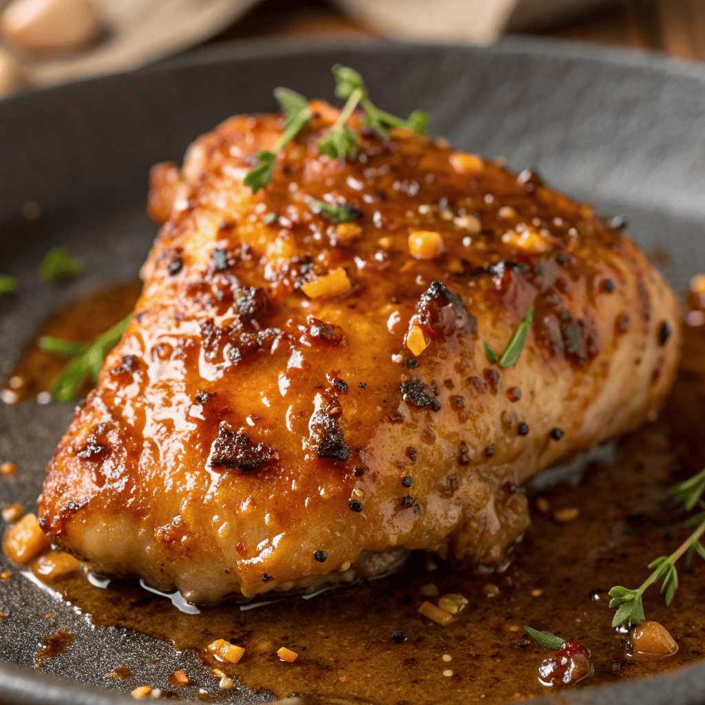 Close-up of honey dijon chicken showing sticky glaze texture and caramelized skin