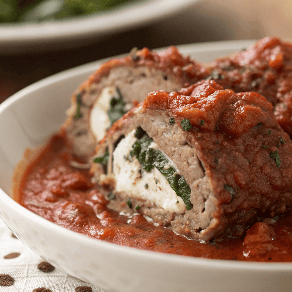 Macro close-up of beef braciole showing spinach and cheese filling layers.
