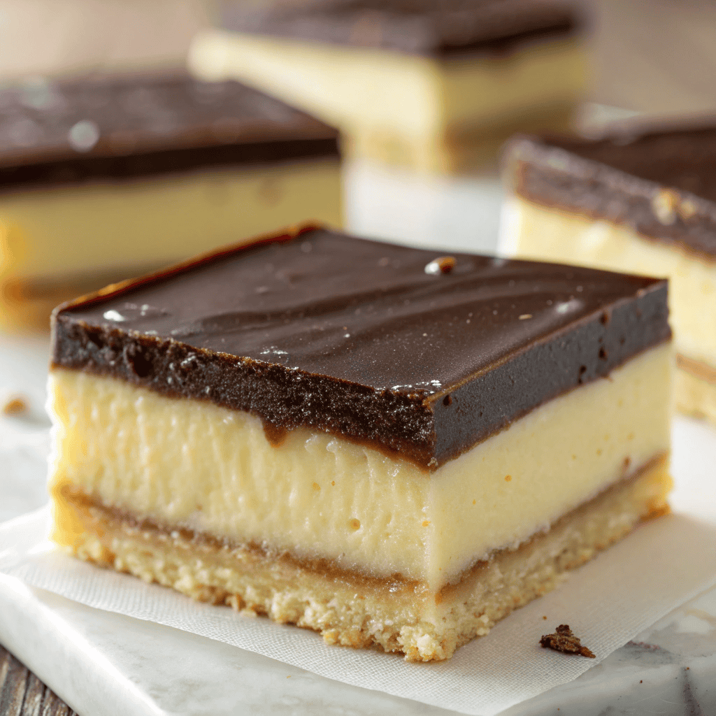 Close-up of Boston cream pie fudge showing smooth vanilla and chocolate layers