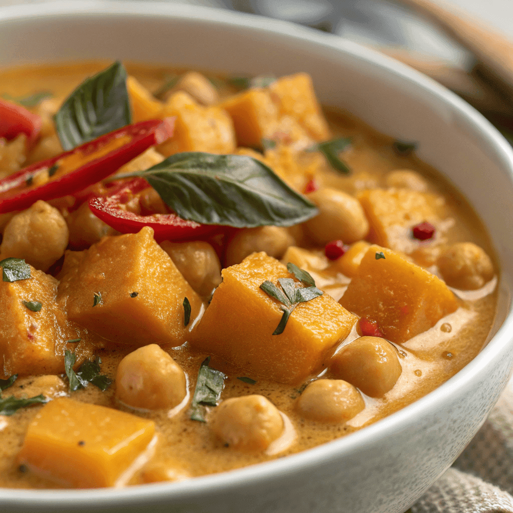 Macro close-up of creamy butternut squash curry showing chickpeas, squash cubes, red peppers, and basil in coconut sauce.