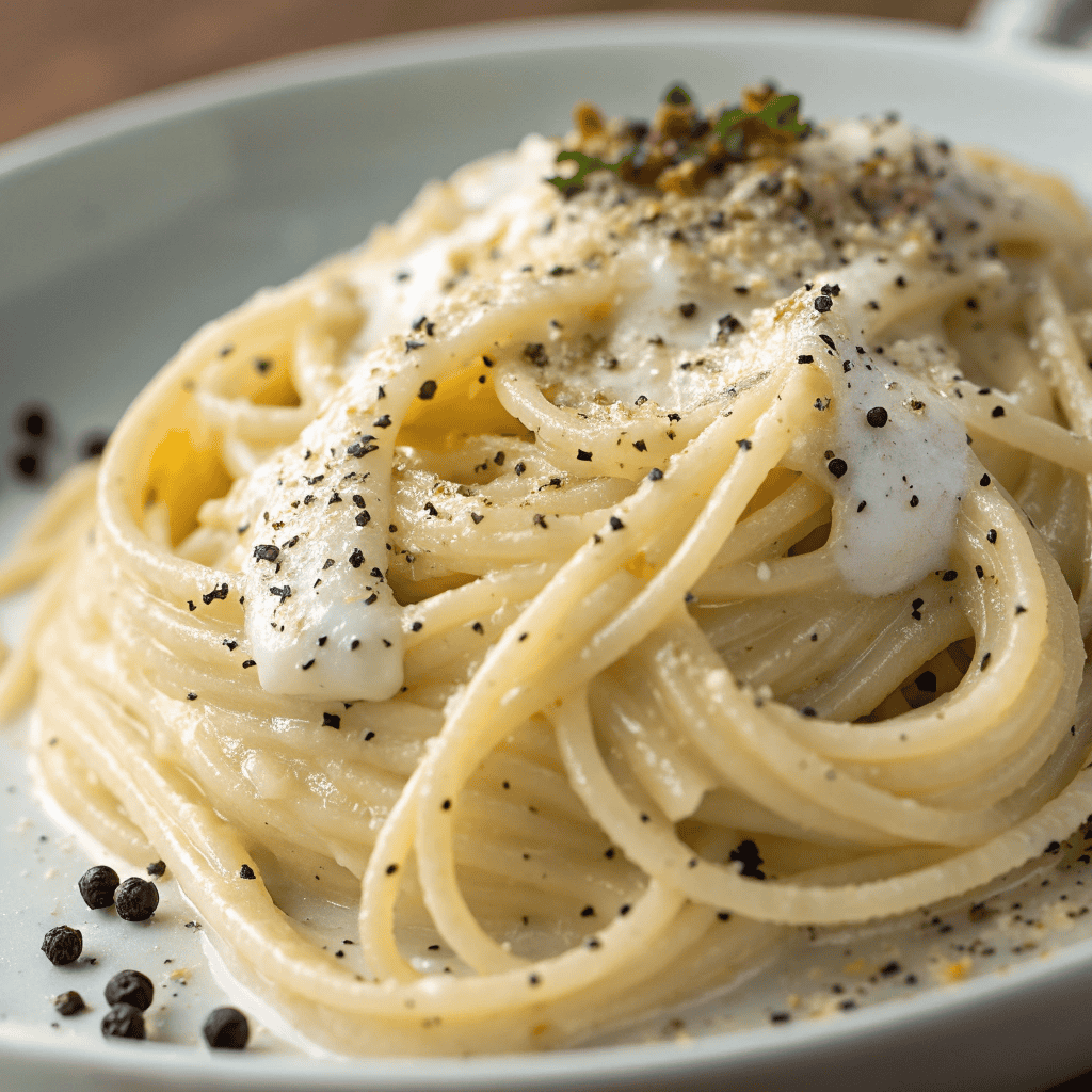 Macro close-up of cacio e pepe showing creamy pecorino sauce, pasta strands, and black pepper.