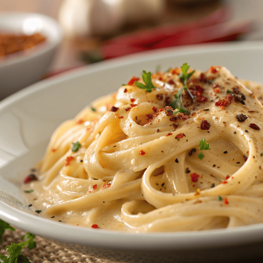 Close-up of Cajun Alfredo sauce showing creamy texture and spice flecks